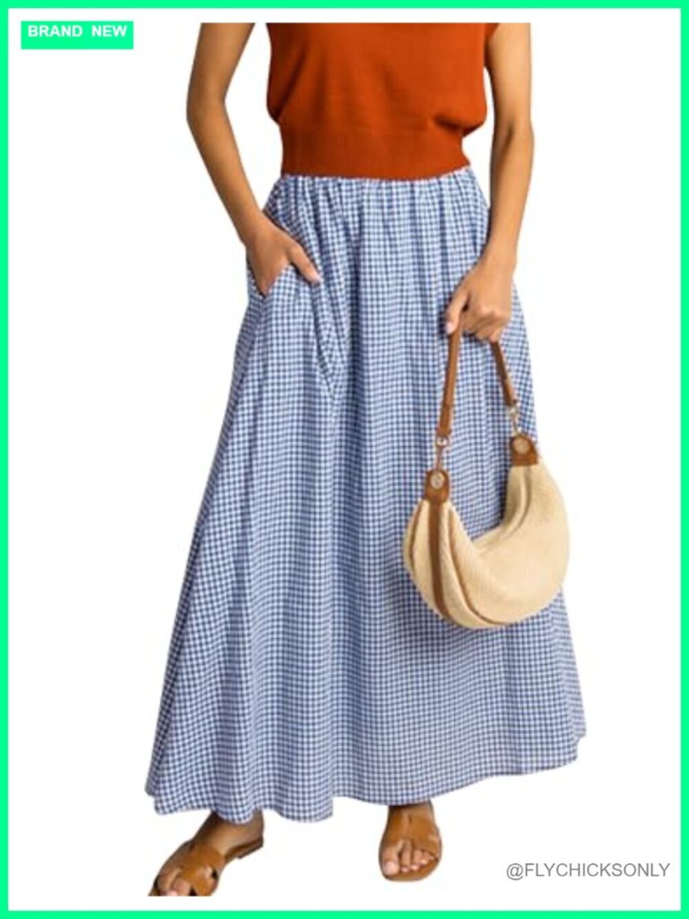 Long Plaid Maxi Skirt with Pockets Elastic High Waist A-Line Gingham Pleated